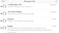 Screenshot - SMS messages with 2FA codes