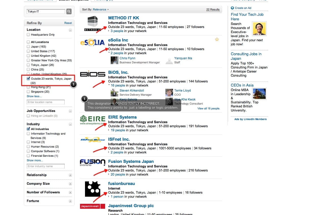 Screenshot showing how Linkedin has mis-located eSolia and other Tokyo companies.
